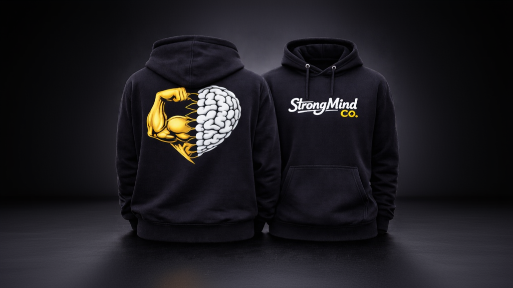 Black hoodie with 'StrongMind Co.' logo on the front and flexing arm and brain design on the back.