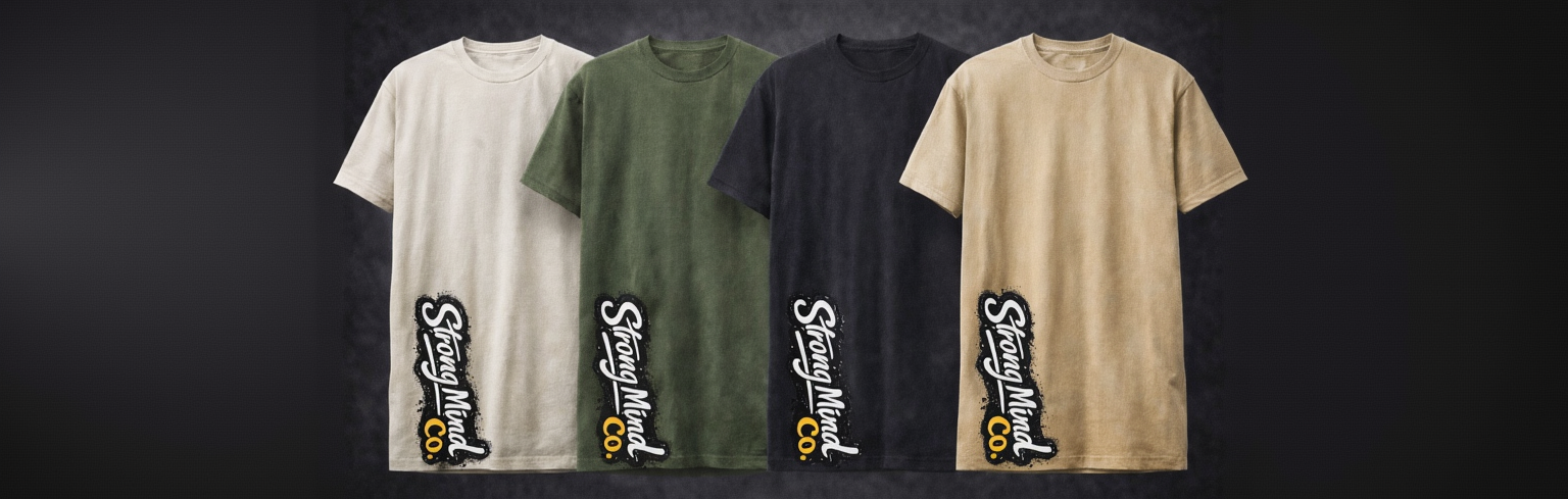 Four t-shirts in different colors with a logo on a dark background